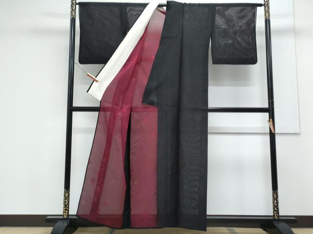 平和屋着物*夏物 小紋 縦絽 楓文 黒地 正絹 逸品 CABK0511th