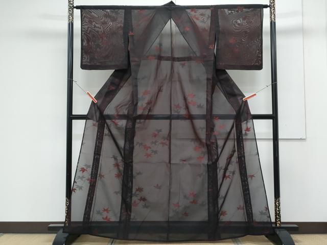 平和屋着物*夏物 小紋 紗 楓文 黒地 正絹 逸品 CABK0515th