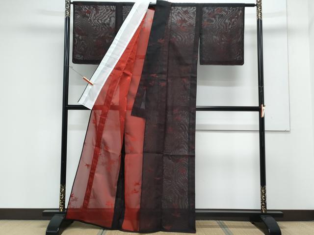 平和屋着物*夏物 小紋 紗 楓文 黒地 正絹 逸品 CABK0515th