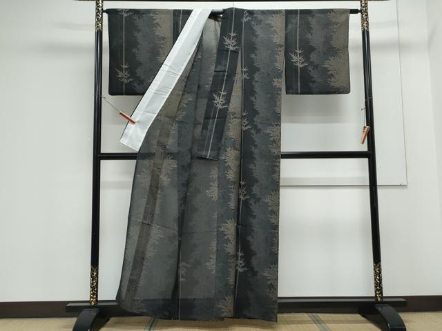 平和屋着物*夏物 小紋 紗 笹竹文 黒地 洗える着物 CABK0626th
