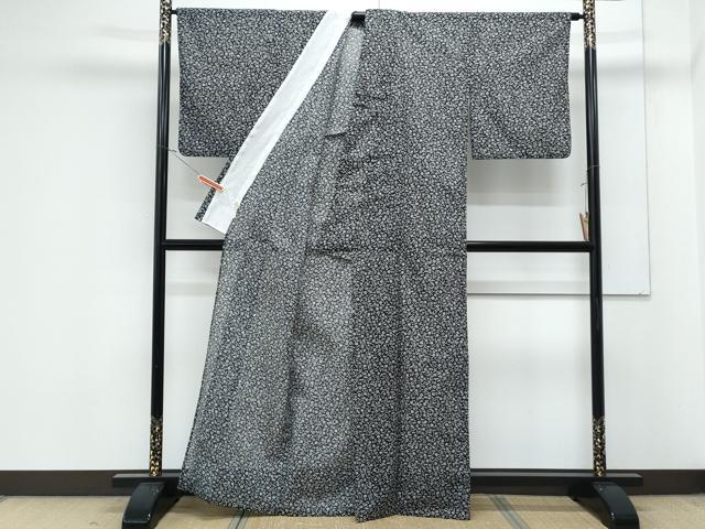 平和屋着物*夏物 小紋 絽 花唐草文 黒地 洗える着物 CABK0662th
