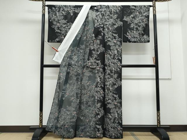平和屋着物*夏物 小紋 絽 草花文 黒地 洗える着物 CABK0681th