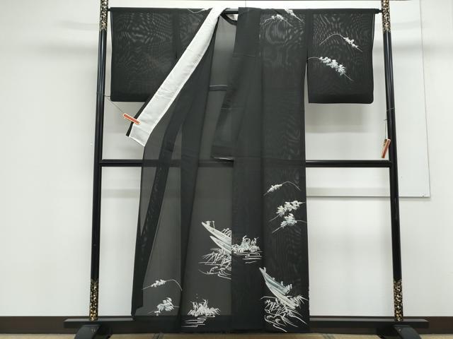 平和屋着物*夏物 訪問着 絽 舟 黒地 正絹 逸品 CABK0715th