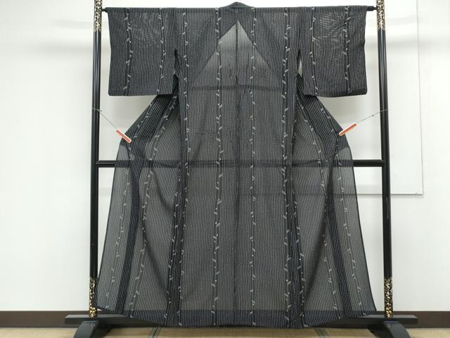 平和屋着物*夏物 小紋 絽 草花間道 黒地 正絹 逸品 CABK0737th