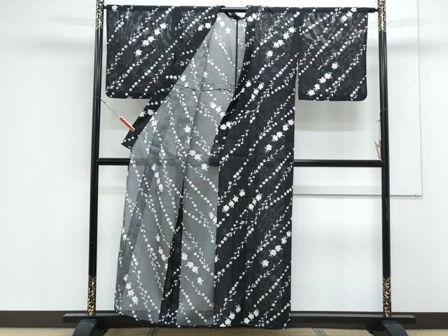 平和屋着物*夏物 小紋 絽 草花文 黒地 洗える着物 CABK0755th