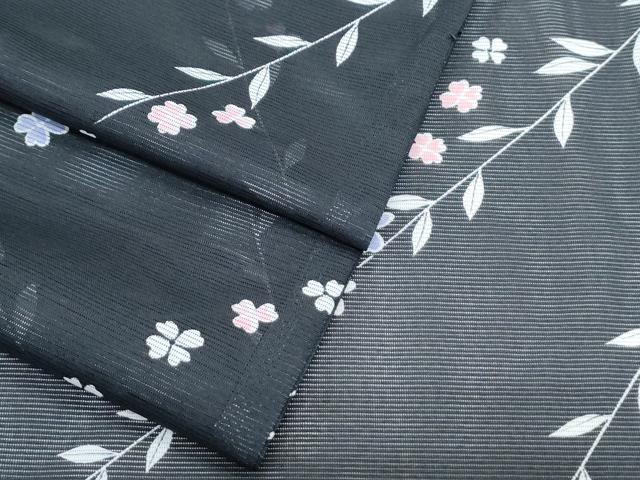 平和屋着物*夏物 小紋 絽 草花文 黒地 洗える着物 CABK0755th