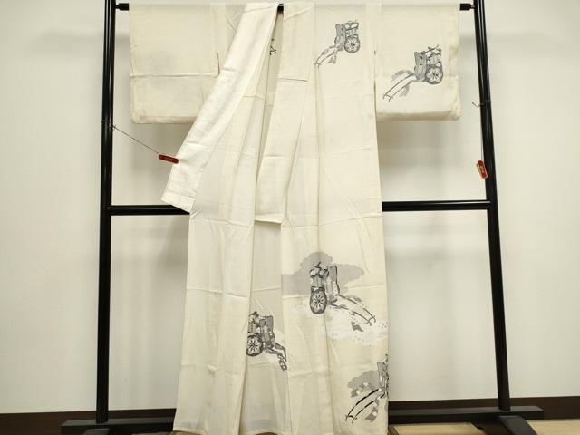 平和屋着物*夏物 訪問着 友禅 縦絽 雲取り御所車花文 銀彩 正絹 逸品 CABK0824ou