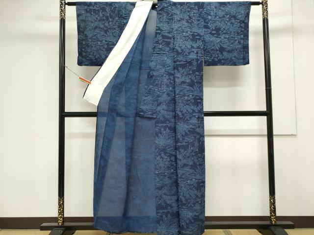 平和屋着物*夏物 小紋 絽 藍 型染め 流水風景文 正絹 逸品 CABK0852ou