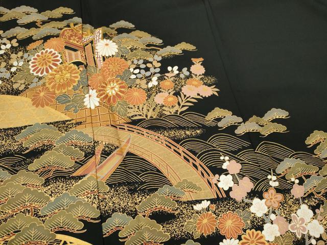 平和屋着物■豪華黒留袖 駒刺繍 御所車草花文 金彩 正絹 逸品 CABK0895ou