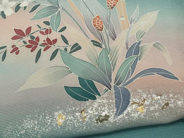 平和屋着物*夏物 訪問着 絽 友禅 枝花文 暈し染め 金銀彩 正絹 逸品 CABK0928ou
