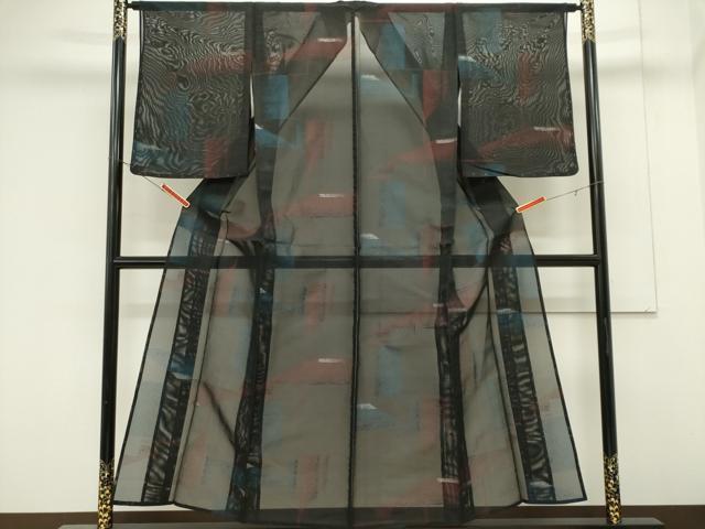 平和屋着物*夏物 小紋 紗 幾何学文 黒地 銀糸 正絹 逸品 未使用 CABK0938ou