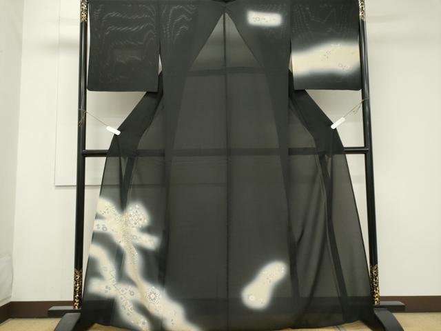 平和屋着物*夏物 訪問着 絽 友禅 吉祥草花文 暈し染め 黒地 正絹 逸品 CABK0998ou