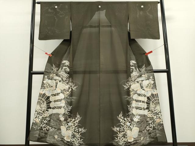 平和屋着物*夏物 アンティーク 大正ロマン 黒留袖 絽 駒刺繍 風景草花文 正絹 逸品 CABK1142ou