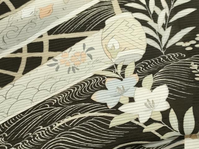 平和屋着物*夏物 アンティーク 大正ロマン 黒留袖 絽 駒刺繍 風景草花文 正絹 逸品 CABK1142ou