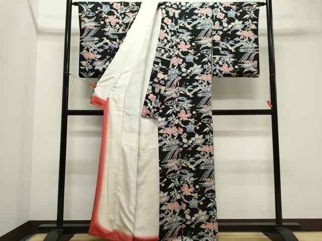 平和屋着物■上質な小紋 流水飛蝶花文 黒地 正絹 逸品 CABK1172ou