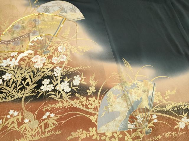 平和屋着物■豪華黒留袖 駒刺繍 扇面風景花文 暈し染め 金銀彩 正絹 逸品 CABK1183ou