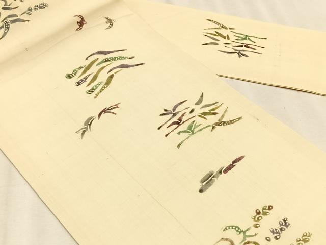 平和屋着物*夏物 松煙染の第一人者 川島草苑 九寸名古屋帯 絹芭蕉 型絵紅型染 飛鳥枝葉文 証紙付き 正絹 逸品 CABK1248fb