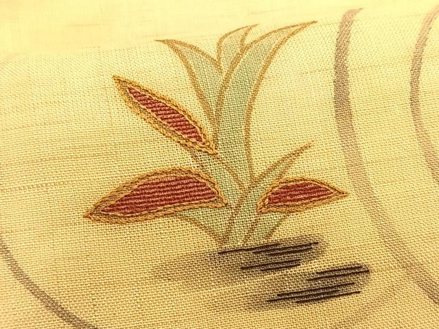 平和屋着物*夏物 九寸名古屋帯 手描き 刺繍 草葉丸文 麻 逸品 CABK1276fb