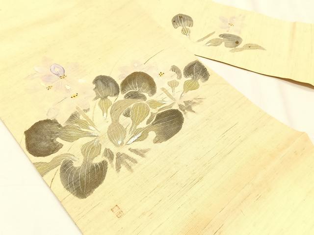 平和屋着物*夏物 九寸名古屋帯 作家物 手描き 草花文 麻 逸品 CABK1277fb
