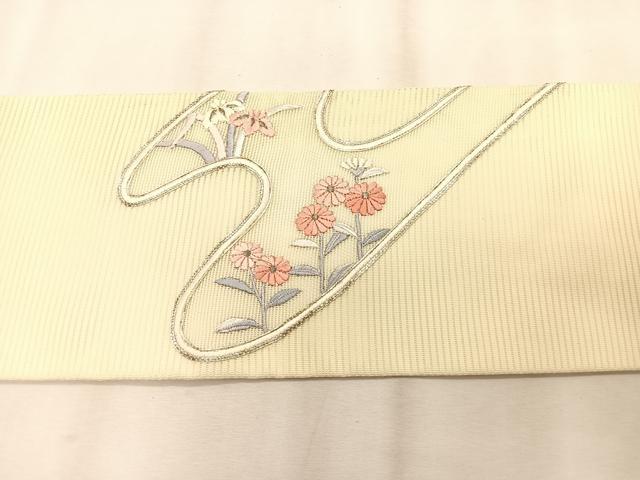 平和屋着物*夏物 九寸名古屋帯 駒刺繍 総刺繍 枝花文 銀糸 正絹 逸品 CABK1278fb