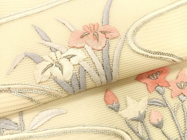 平和屋着物*夏物 九寸名古屋帯 駒刺繍 総刺繍 枝花文 銀糸 正絹 逸品 CABK1278fb