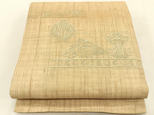 平和屋着物*夏物 九寸開き名古屋帯 スワトウ刺繍 花鳥文 麻 逸品 CABK1310fb