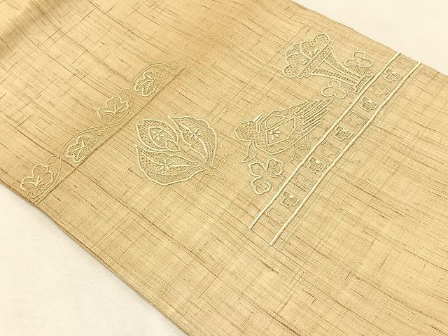 平和屋着物*夏物 九寸開き名古屋帯 スワトウ刺繍 花鳥文 麻 逸品 CABK1310fb