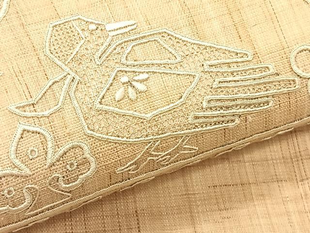 平和屋着物*夏物 九寸開き名古屋帯 スワトウ刺繍 花鳥文 麻 逸品 CABK1310fb
