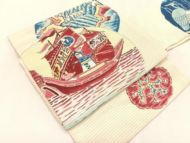 平和屋着物*夏物 絽塩瀬 つけ帯 手描き 舟 銀彩 正絹 逸品 CABK1357fb