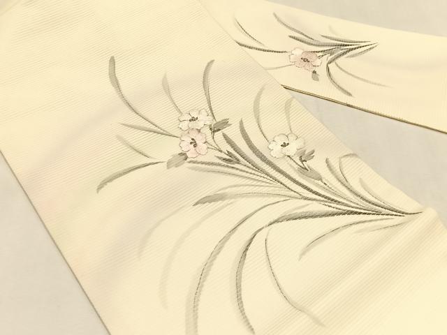平和屋着物*夏物 九寸名古屋帯 作家物 手描き 刺繍 草花文 銀彩 正絹 逸品 CABK1418fb