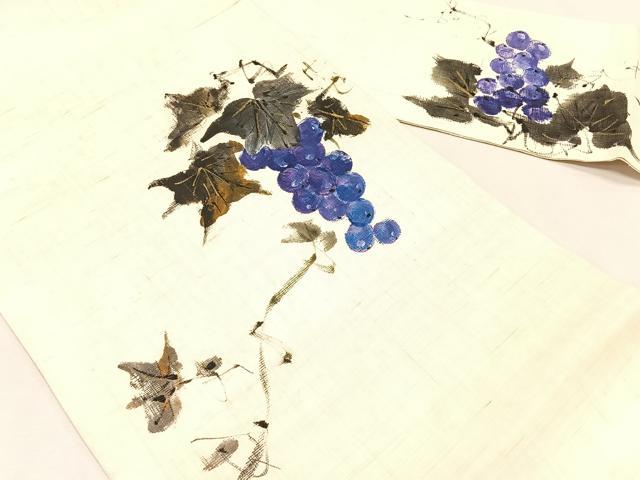 平和屋着物*夏物 九寸名古屋帯 作家物 手描き 葡萄蔦の葉文 金彩 麻 逸品 CABK1442fb