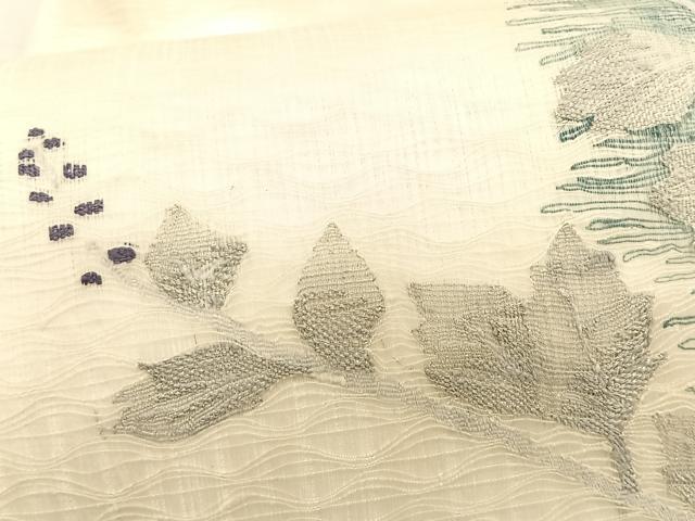 平和屋着物*夏物 九寸名古屋帯 すくい織 枝葉文 銀糸 正絹 逸品 CABK1499fb