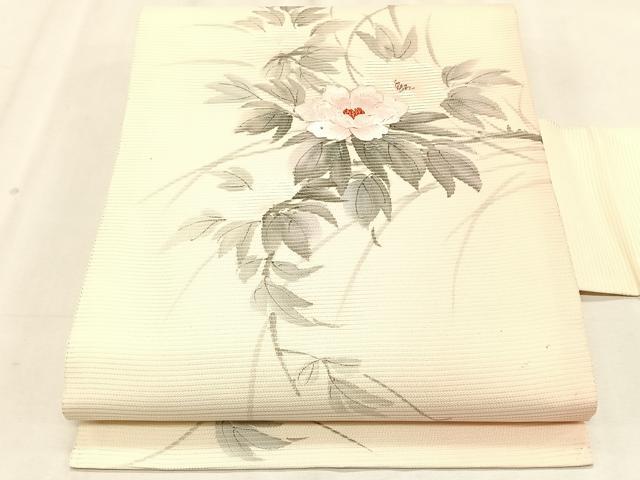 平和屋着物*夏物 九寸名古屋帯 作家物 手描き 刺繍 草花文 銀彩 正絹 逸品 CABK1508fb
