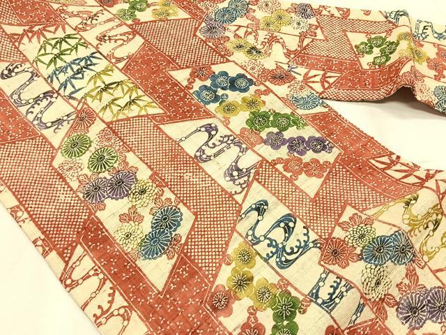 平和屋着物*夏物 全通柄 九寸名古屋帯 型染め 生紬 吉祥花文 正絹 逸品 未使用 CABK1564fb