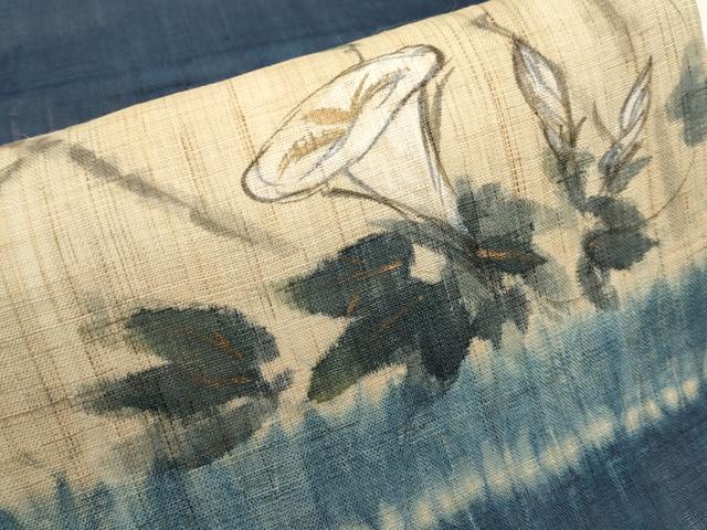 平和屋着物*夏物 九寸名古屋帯 手描き 朝顔 金彩 麻 逸品 未使用 CABK1602tx