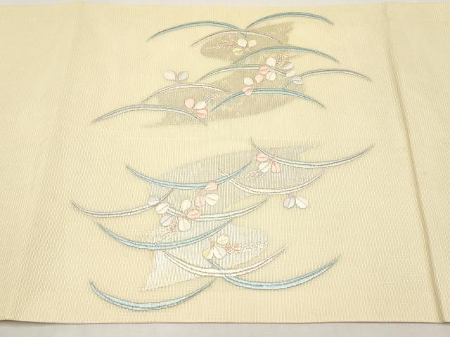 平和屋着物*夏物 九寸開き名古屋帯 総刺繍 芝草舞葉文 正絹 逸品 CABK1619tx