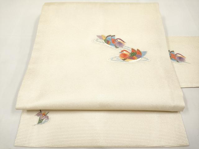 平和屋着物*夏物 九寸名古屋帯 総刺繍 鴛鴦 正絹 逸品 未使用 CABK1655tx