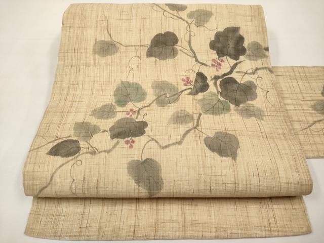 平和屋着物*夏物 九寸名古屋帯 作家物 手描き 葡萄蔦の葉文 麻 逸品 CABK1659tx