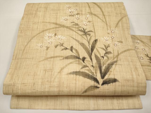 平和屋着物*夏物 九寸名古屋帯 手描き 枝菊文 麻 逸品 CABK1690tx