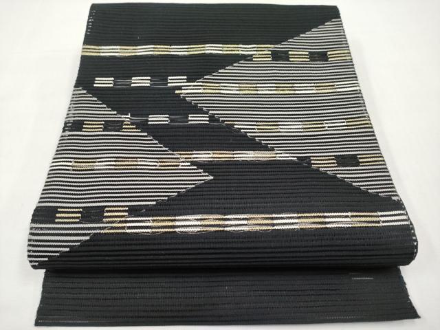 平和屋着物*夏物 八寸名古屋帯 絽綴れ 幾何学文様 黒地 金糸 正絹 逸品 CABK1817tx