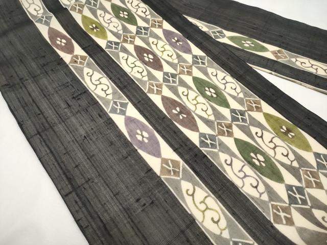 平和屋着物*夏物 絹芭蕉 九寸名古屋帯 紅型 花唐草間道 黒地 正絹 逸品 CABK1825tx