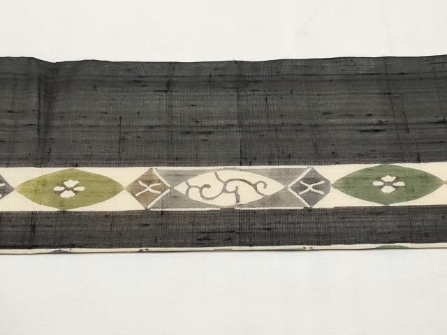 平和屋着物*夏物 絹芭蕉 九寸名古屋帯 紅型 花唐草間道 黒地 正絹 逸品 CABK1825tx