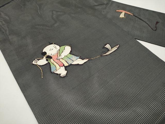 平和屋着物*夏物 九寸名古屋帯 唐子 黒地 金糸 正絹 逸品 CABK1826tx