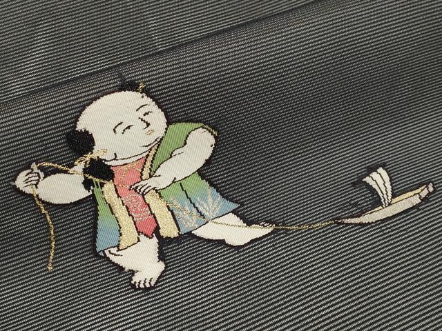 平和屋着物*夏物 九寸名古屋帯 唐子 黒地 金糸 正絹 逸品 CABK1826tx