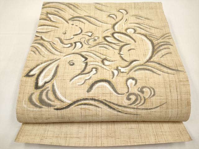 平和屋着物*夏物 八寸名古屋帯 手描き 兎 金彩 麻 逸品 CABK1830tx