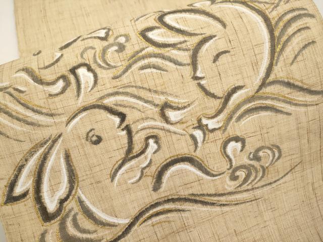 平和屋着物*夏物 八寸名古屋帯 手描き 兎 金彩 麻 逸品 CABK1830tx