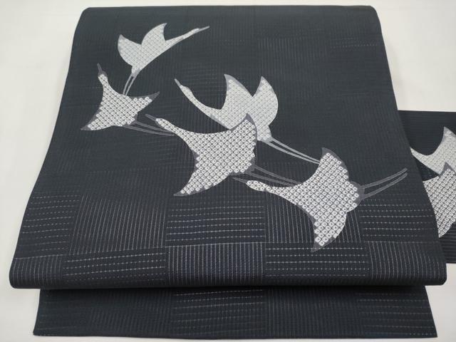 平和屋着物*夏物 九寸名古屋帯 鹿の子飛鶴文 濃紺地 正絹 逸品 CABK1833tx