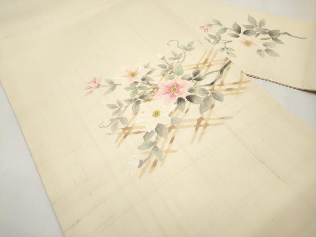 平和屋着物*夏物 九寸名古屋帯 手描き 紬地 籬枝花文 正絹 逸品 未使用 CABK1913tx