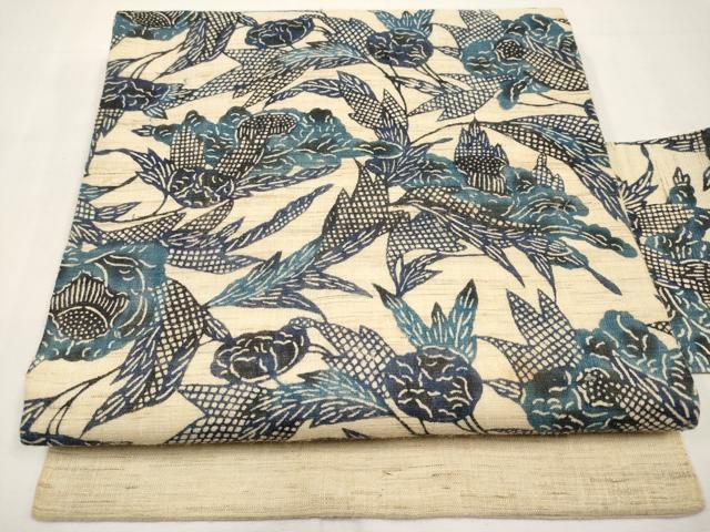 平和屋着物*夏物 九寸名古屋帯 本場琉球紅型 藍 枝花文 麻 逸品 CABK1916tx