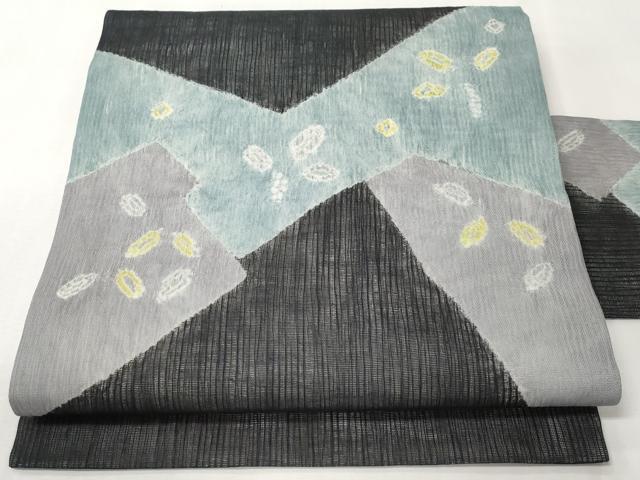平和屋着物*夏物 九寸名古屋帯 絞り 切嵌舞葉文 黒地 正絹 逸品 CABK1935tx
